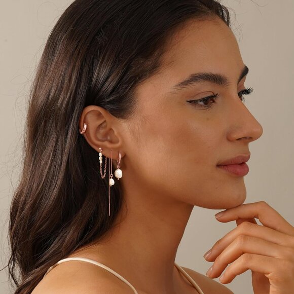 Dainty 14K Gold Plated 4 pearl chain set-RG Hoops Trendy Earring Set for Women - Picture 6 of 7